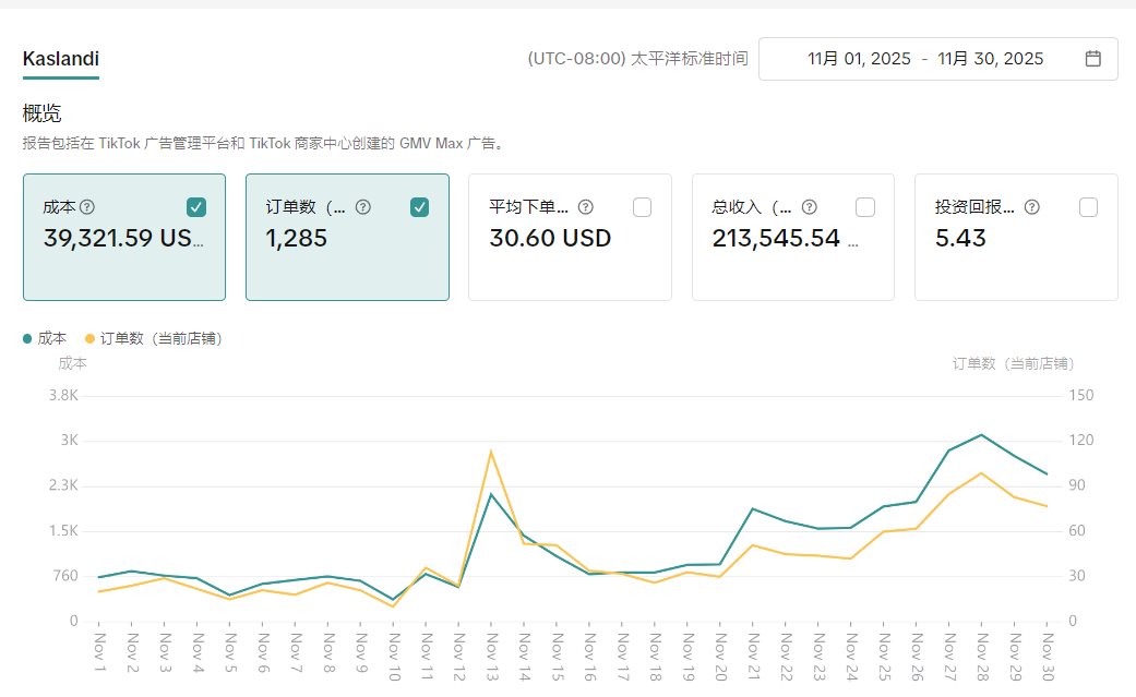 卡斯澜帝 2025 年 11 月 GMV Max 广告数据截图